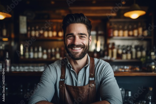 Smiling portrait of a young caucasian bartender working behind a bar
