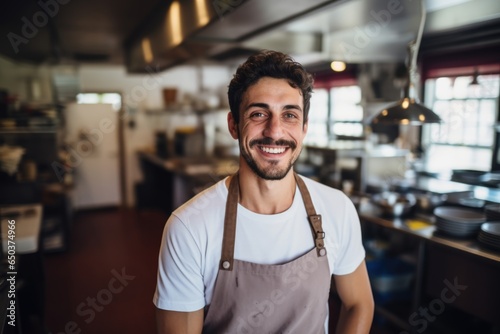 Smiling portrait of a happy young restaurant chef working in a kitchen
