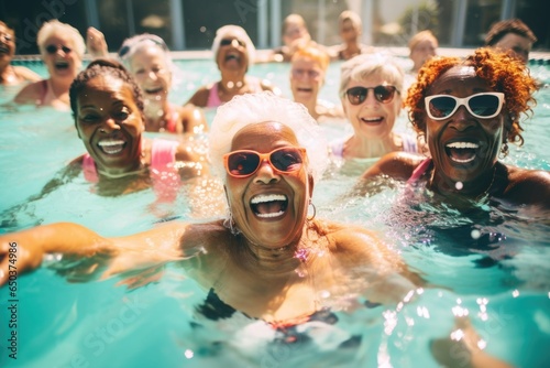 Diverse group of senior women having fun while exercising and working out during a water aerobics class in a pool © Geber86