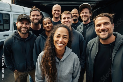Smiling portrait of a diverse group of people and colleagues working for a postal or delivery service