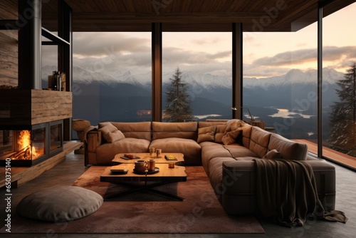 Cozy interior of a modern and contemporary mountain home overlooking a beautiful view of a snowy mountain © Geber86