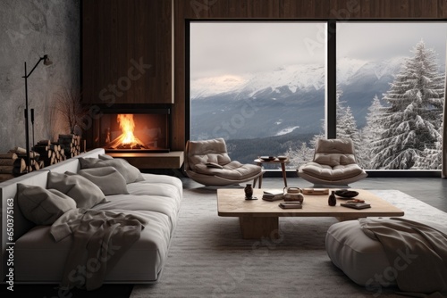 Cozy interior of a modern and contemporary mountain home overlooking a beautiful view of a snowy mountain © Geber86