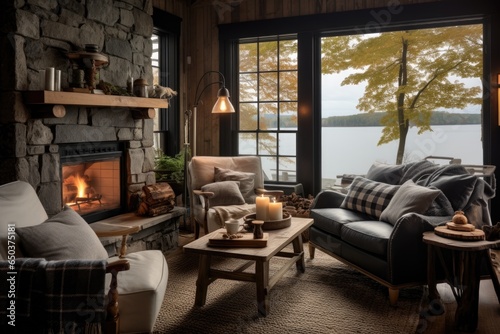 Cozy interior of a room in a wooden cabin house located on a lake