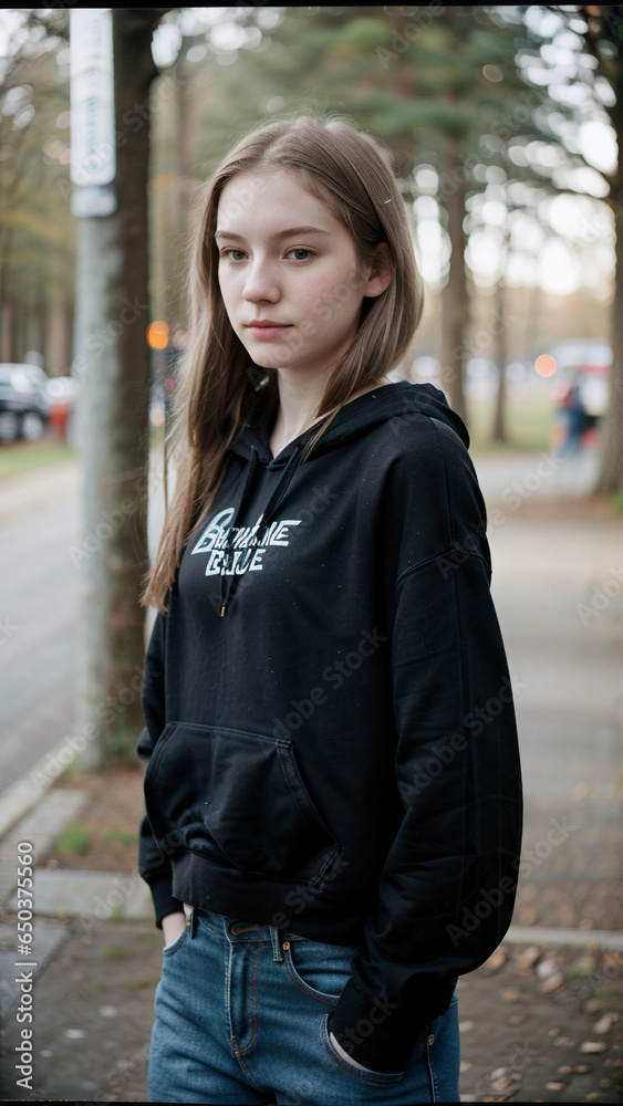 portrait of a 18 y.o woman wearing black hoodie and jeans portrait of a 18 y.o woman wearing black hoodie and jeans