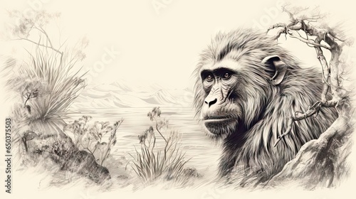  a drawing of a monkey in a tree looking at the camera. generative ai