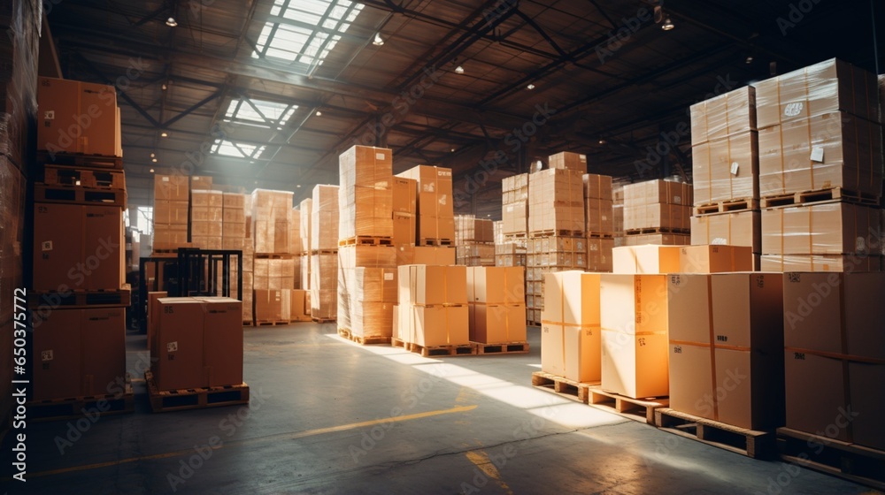 A warehouse full of boxes and pallets. A warehouse full of boxes and pallets.