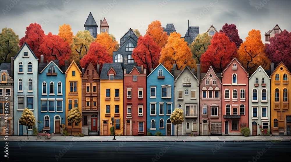  a painting of a row of houses with autumn trees in the background.  generative ai