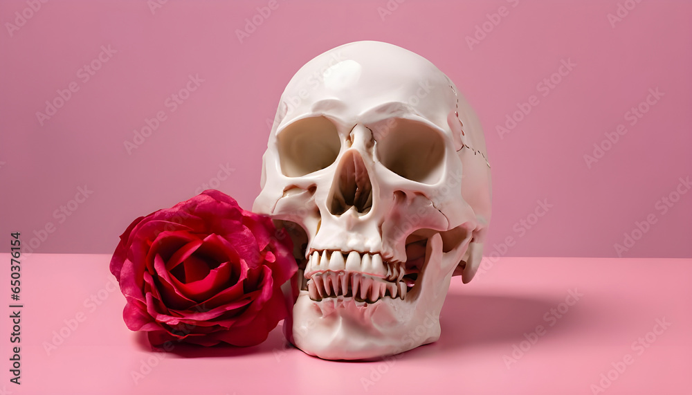 Human skull with red rose on pink background.