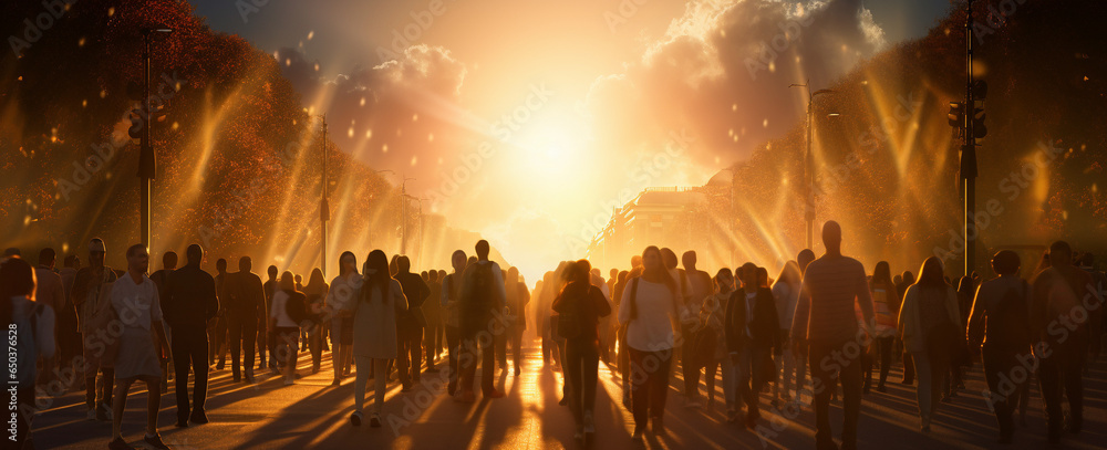 People walking on street, bathed in golden sunlight, human-canvas integration depicted.