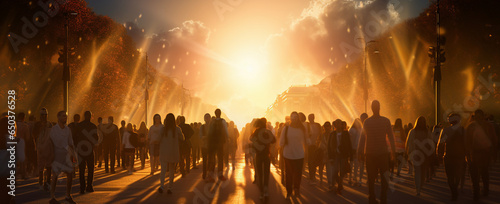 People walking on street, bathed in golden sunlight, human-canvas integration depicted.