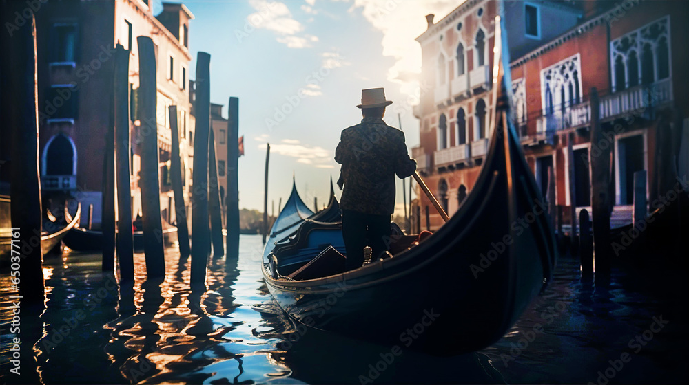 Gondolier navigating gondola through Venetian channels at early morning. Venetian places and beautiful reflection in water - obrazy, fototapety, plakaty 