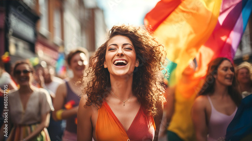 Pride Parade. Happy young woman at parade with lots of happy LGBT people celebrating freedom and love  © IRStone