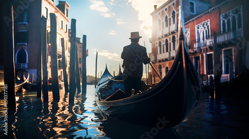 Foto Gondolier navigating gondola through Venetian channels at early morning