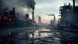  Industrial waste and pollution. Power station with pipes and smoke stack, dirty industrial landscape