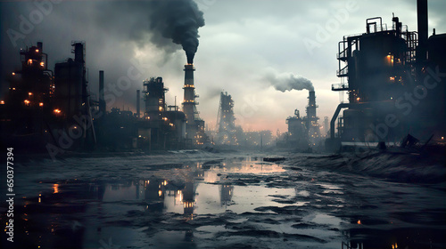  Industrial waste and pollution. Power station with pipes and smoke stack, dirty industrial landscape