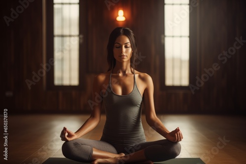 A young woman in t-shirt and joggers sitting in yoga asana lotus pose meditating in a sunlit spacious room
