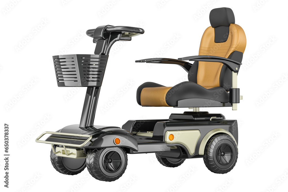 Powered mobility scooter. 4 Wheel Electric Powered Wheelchair Mobile Device, 3D rendering isolated on transparent background