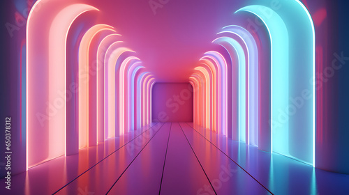 an abstract 3d corridor made with colored lights, in the style of light violet and light pink, vintage minimalism, wavy resin sheets