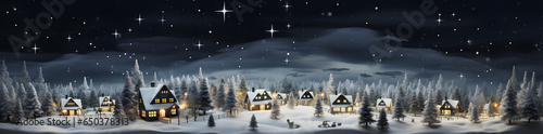an empty christmas village lit up with lights with some trees, in the style of collage elements, dark gray, panorama, rustic texture, shaped canvas