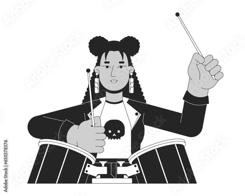African american female musician playing drums black and white 2D line cartoon character. Cool drummer girl holds sticks isolated vector outline person. Performer monochromatic flat spot illustration