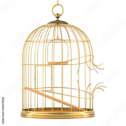 Fotografía Broken golden birdcage, 3D rendering isolated on transparent background