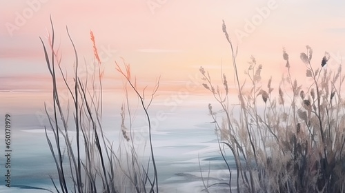 Grass on dune, sunrise in pink and gold hues. Nature landscape, outdoor sunset with floral reeds. Romantic emotion of calm, tranquility and beauty.