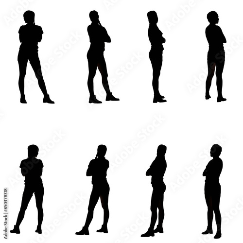 Set of silhouettes of young woman with braided hair standing with crossed arms. Full body 360 view isolated on transparent background.