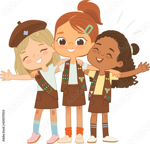 Happy multi ethnic multi aged Brownies girls scout hug. Girls Scout happily hug and smile. Girl together. Brownies Girls Scout 