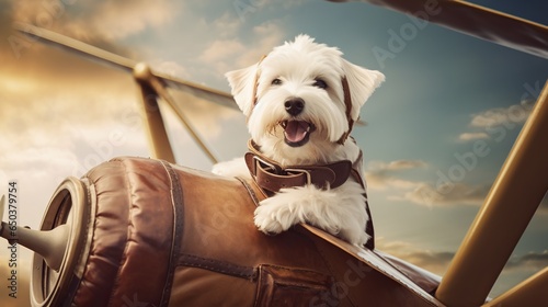  a white dog sitting on top of a brown leather bag.  generative ai