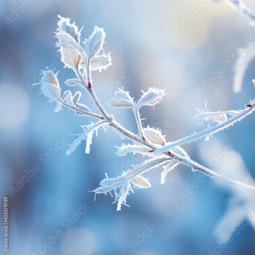 White winter background, branches covered with snow