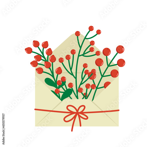 Cute envelope with berryies tied with a red rope. Cartoon, vector