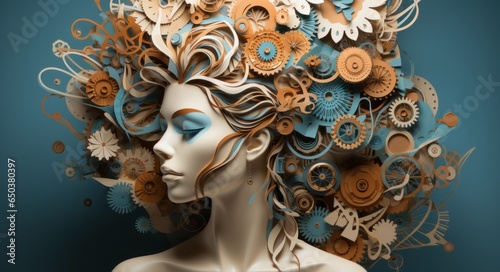 Art of a head with paper gear with cogs and gears in the style of light teal and light brown