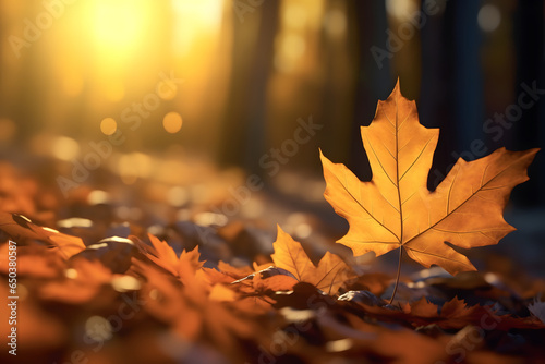 Autumn Maple Leaves Close-Up in Forest at Sunset, AI generated. Autumn Maple Leaves Close-Up in Forest at Sunset, AI generated.