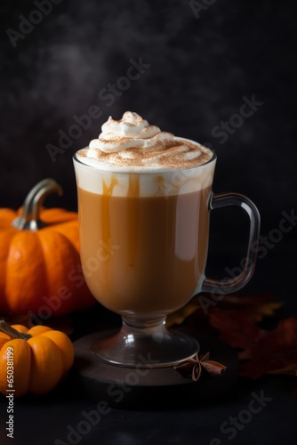 Pumpkin latte in glass. Hot coffee drink with milk creme foam and spice in café or restaurant. 