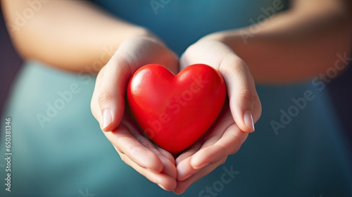 Heart at the human hands. Concept of love  charity  philanthropy and donation. Generative AI. Illustration for cover  card  postcard  interior design  decor  packaging  invitations or print.