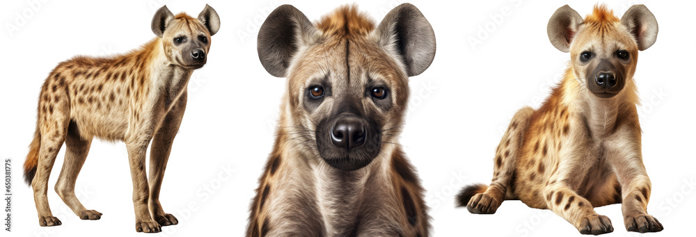 Obraz premium spotted hyena collection (portrait, standing, lying), animal bundle isolated on a white background as transparent PNG