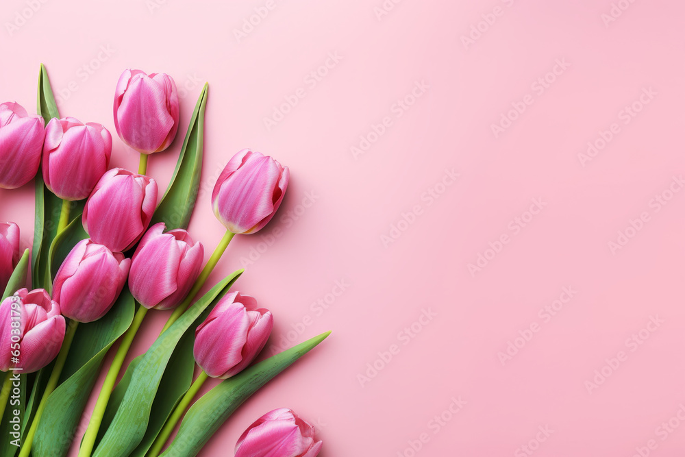 Pink tulips flowers on pink background, greeting card, with space for text