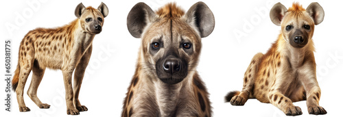 Fotografia spotted hyena collection (portrait, standing, lying), animal bundle isolated on