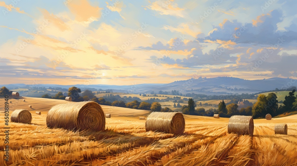  a painting of hay bales in a field with mountains in the background.  generative ai