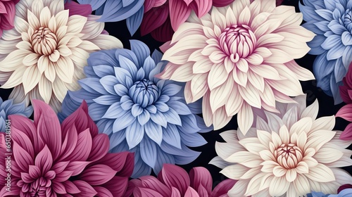  a bunch of flowers that are on a black background with pink  blue and white flowers.  generative ai
