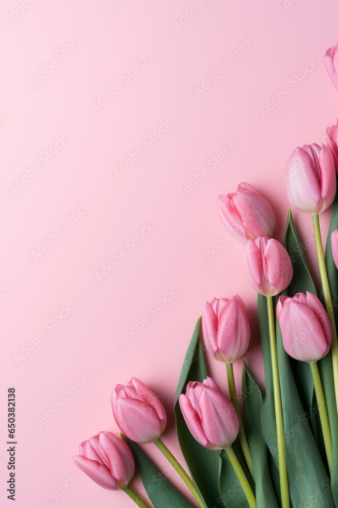 Pink tulips flowers on pink background, greeting card, with space for text Pink tulips flowers on pink background, greeting card, with space for text