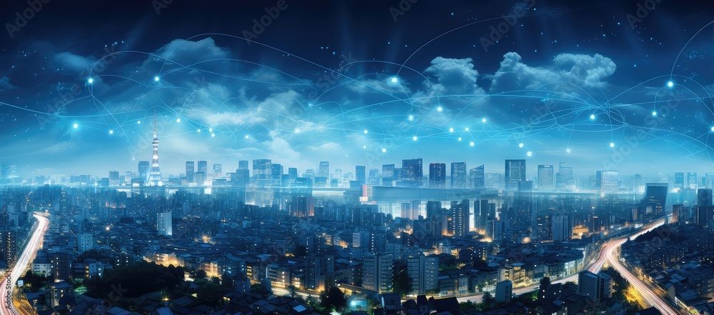 Obraz na płótnie widok miasta i pola energetycznego i fal telekomunikacyjnych wielkiego cyfrowego miasta w salonie