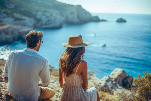 A couple enjoys the coastal view, sitting by the sea's edge, lost in the beauty of the horizon