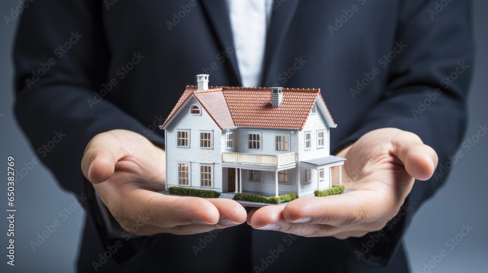 A businessman in a suit holds a model of a house on his palms. The concept of mortgage lending, real estate insurance, construction, design and sale of residential buildings. Illustration for design. A businessman in a suit holds a model of a house on his palms. The concept of mortgage lending, real estate insurance, construction, design and sale of residential buildings. Illustration for design.