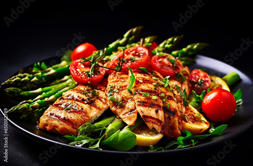 Chicken breast grilled with asparagus and tomatoes on black wooden dark table background. Healthy diet lunch. Barbecue steak fried.