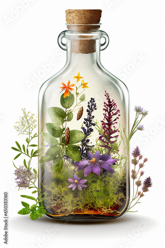 Herb oil bottles homeopathy herbs. Generative AI, photo