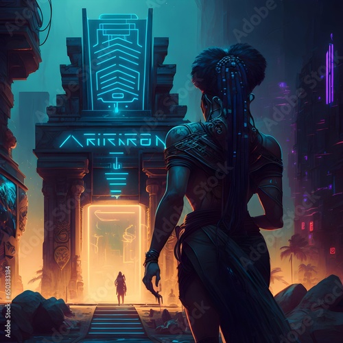 concept art afropunk ancient Kemetian neo in the streets of a city city scape styled and theme styled like the matrix movie main character archetypal being furturistic tech clothes a new era neon  photo