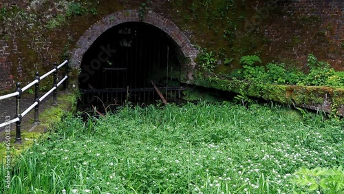 Video, James Brindley original Harecastle Tunnel entrance. The Trent and Mersey Canal Kidsgrove, Newcastle-under-Lyme, close up. photo