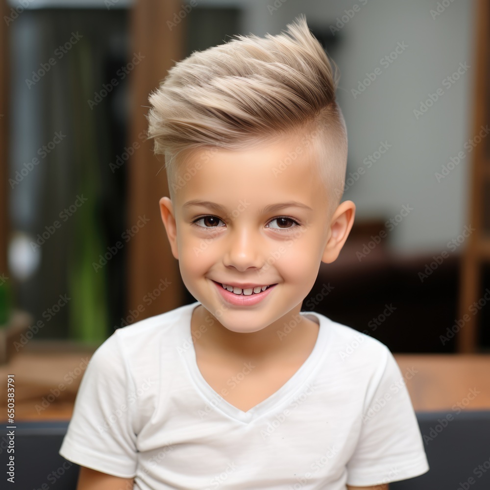 Children's haircut for boys , dark background. A young boy with a short haircut and a white shirt Children's haircut for boys , dark background. A young boy with a short haircut and a white shirt