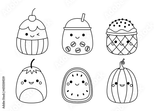 Cupcake coffee ice cream pumpkin. Squishmallow Coloring page Black and white Vector